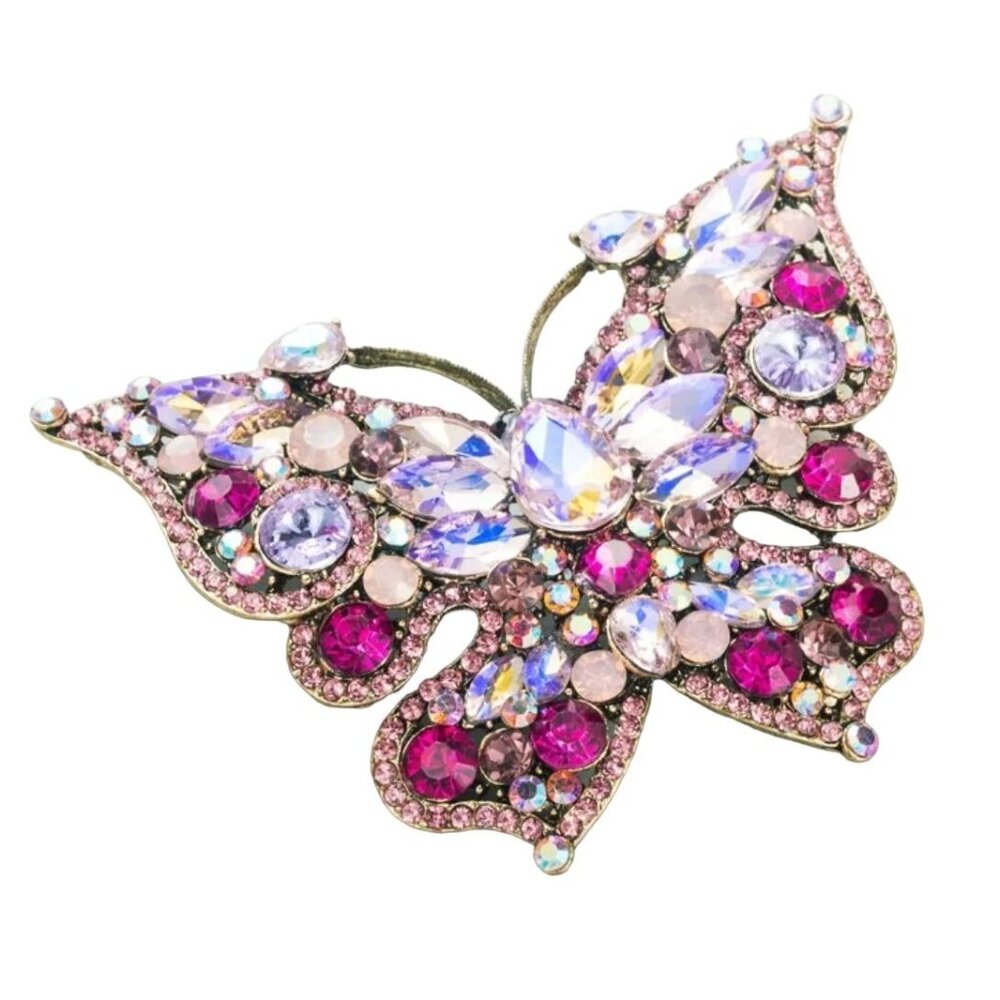 Brooch Extra Large Butterfly Pink Rhinestone Crystals Gold Tone